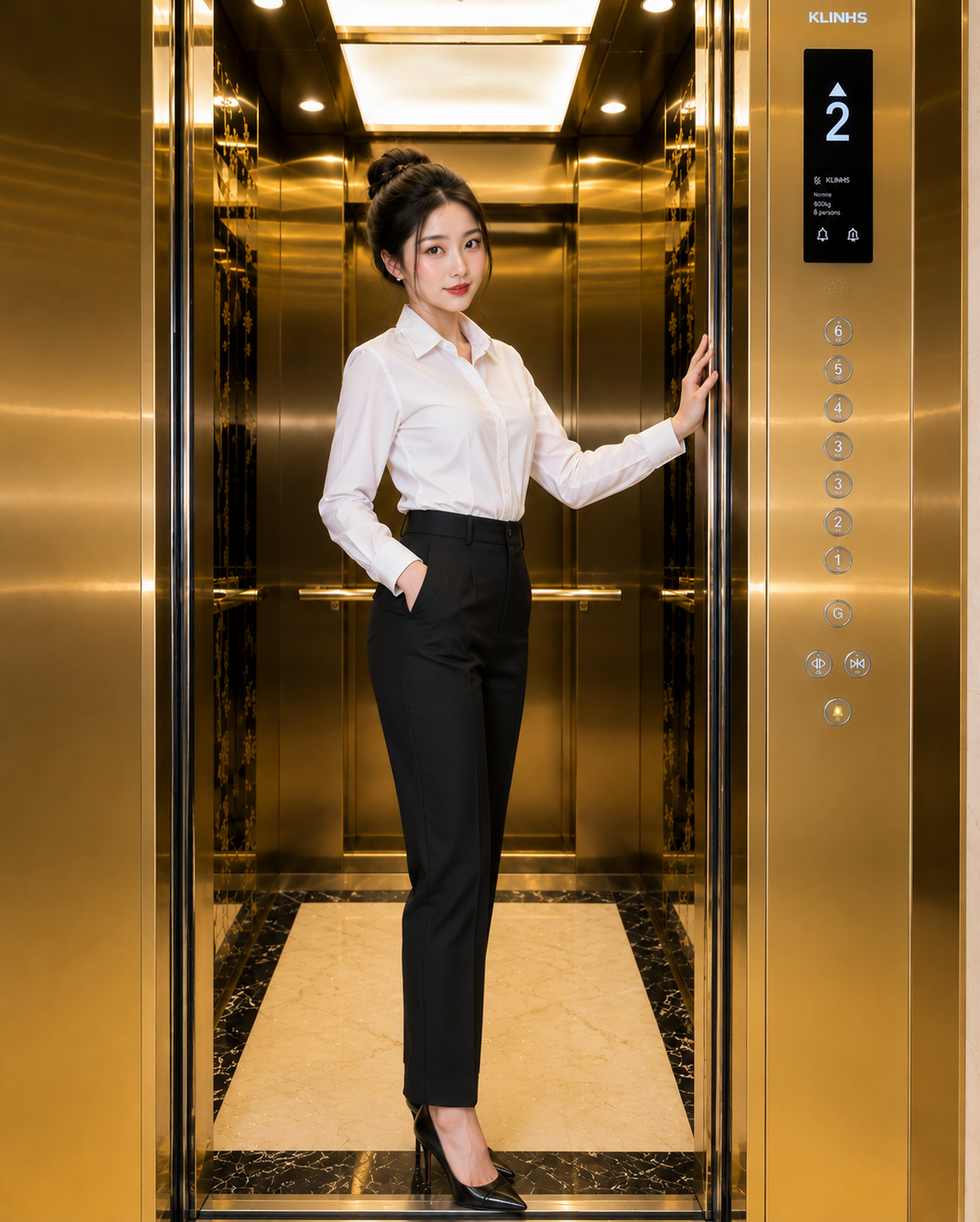 Thang máy KLINHS cao cấp nội thất vàng sang trọng với bảng điều khiển hiện đại